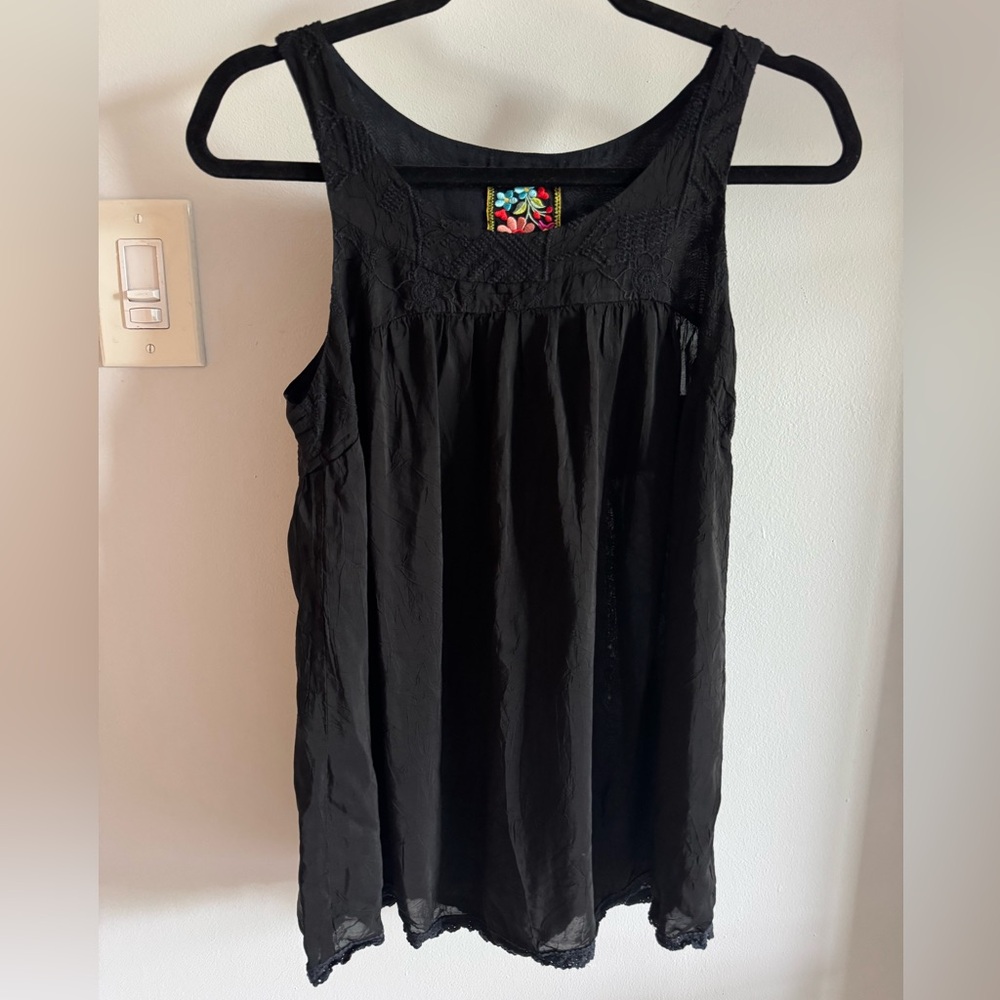 Johnny Was Black Rayon & Embroidery Sleeveless Flowy Boho Long Tunic Tank Top SM